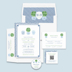 Invitation Mariage De Boxwood Peint À La Main Verte Et Bleue 