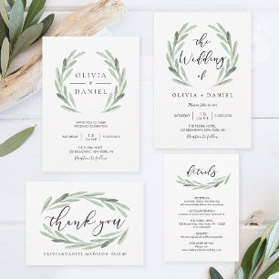 Invitation Tout en une aquarelle Mariage de la feuille d'oliv