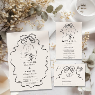 Invitation Tout En Un Doodle Champagne Whimsical Bow Mariage