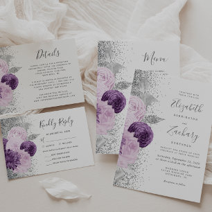 Cartons Réponse Floral violet argenté choix de repas Mariage