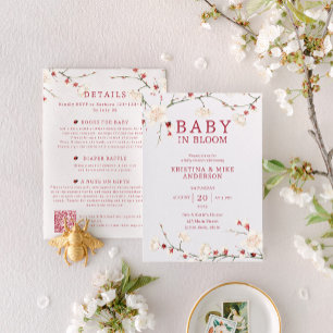 Invitation QR Code Vintage Fille Fleur Baby shower rouge