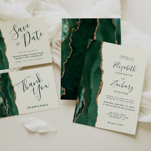 Cartons Réponse Mariage Moderne Émeraude Vert Or Agate Ivoire