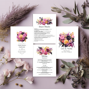 Carte D'accompagnement Détails de l'invité rose, violet, noir et or Flora