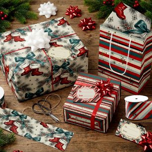 Papier Cadeau Les bottes et les nœuds de Noël vintage du Père No