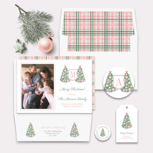 Cartes Pour Fêtes Annuelles Photos de Noël Maximale Rose Vert Monogramme