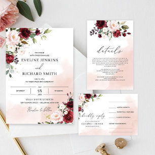 Invitation Coeur floral moderne bordeaux et fleur rose rousse