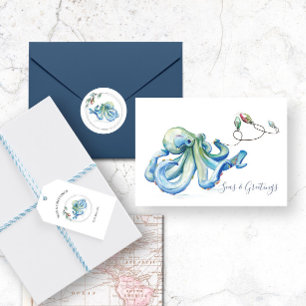 Cartes Pour Fêtes Annuelles Blue Octopus Watercolor Beach