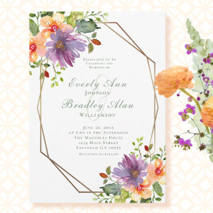 Invitation Pêcher Purple Aquarelle Florale Élégant Mariage