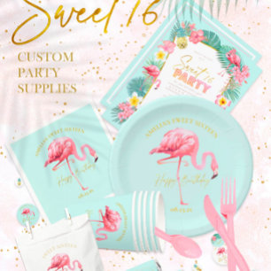 Badge Flamant rose tropical Palms Sweet 16 ID922