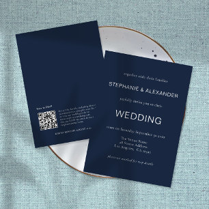 Invitation Tout En Un Initiales minimalistes Code QR Mariage bleu marine