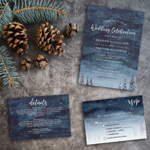 Invitation Marine Blue Snowy Winter Wonderland Mariage offici