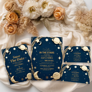 Invitation Tout En Un Mariage de lune Crescent or de la Marine céleste