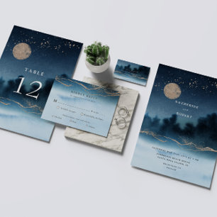 Invitation Paysage D'Aquarelle Bleu Nuit Enregistrer La Date