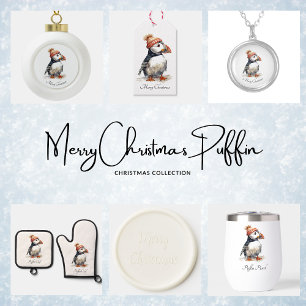 Coussin Puffin de Noël, personnalisable