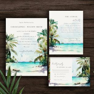 Invitation Sable Tropical Beach Aquarelle Palm Trees Mariage