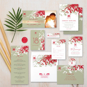 Invitation Feuilles en bambou rouge et mousse Mariage chinois