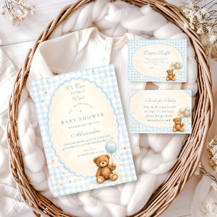 Blauw Gingham Teddibeer Luier Raffle Informatiekaartje