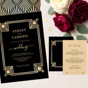 Art Deco Elegante Gouden Lijst Zwarte Bruiloft Kaart