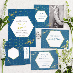 Invitation Oh Miel Abeille Turquoise Or Mariage Personnalisé