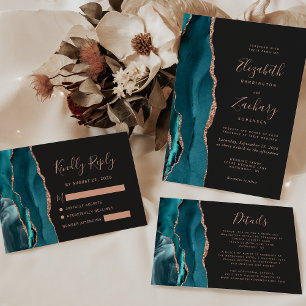 Invitation Chic Rose Turquoise Or Agate Mariage foncé