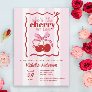 Invitation Cerise sur le dessus Ruban rose Dessin animé Fête 