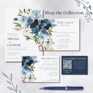 Invitation Aquarelle florale élégante marine et bleu poussiér