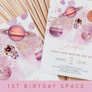 Sticker Rond Espace extra-atmosphérique Fille rose Rocket Planè