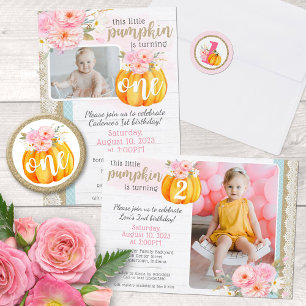 Sticker Rond Automne Floral Citrouille Baby Girl's 1st Birthday
