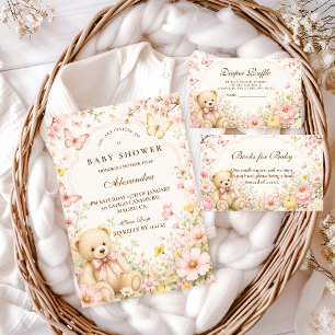 Invitation Fête de Bébé Ourson Floral Fantaisiste