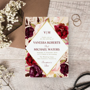 Invitation Elégant cadre doré bordeaux mariage floral