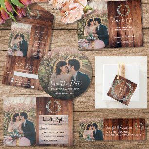 Invitation Bois feuille rustique monogramme mariage annulatio