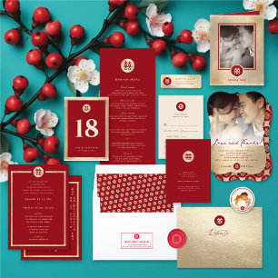 Sticker Rond Red & Gold Double Happiness Photo Mariage chinois