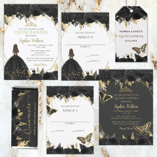 Invitation Elégant Papillon Floral d'or noir Quinceañera
