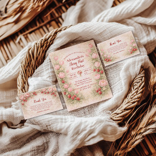 Carte De Remerciements Thème floral vintage fraise pour 1er anniversaire