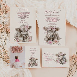 Invitation Fille rose Floral Highland Vache 1er anniversaire