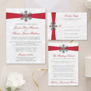 Invitation Diamante Flocon de neige et Ruban rouge Mariage d'