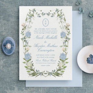 Elegant Blue Hydrangea Monogram Respons Kaart