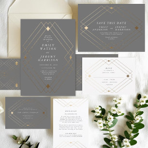 Faire-part Gris et blanc   Lignes Gold Déco Enregistrer La Da