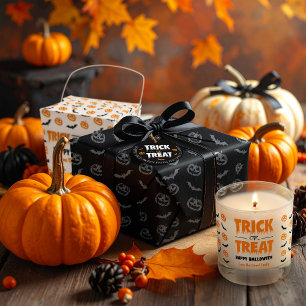 Pumpkin Bat Trick or treat Grijs op Zwart Patroon Inpakpapier Vel