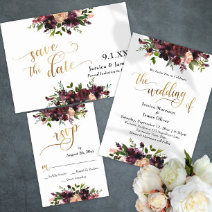 Invitation Or floral de Bourgogne rouge profonde Le Mariage d