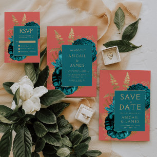 Invitation Mariage élégant floral bleu sarcelle corail or