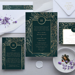 Invitation Monogramme de couronne d'or et d'émeraude vert
