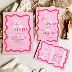 Invitation Mariage ondulé à courbe rouge rétro rose