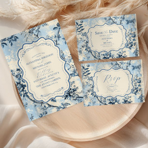 Invitation Elégant Toile Bleue De Jouy Mariage