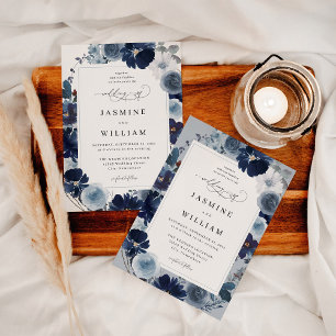 Invitation Floral bleu et marine sur Mariage gris