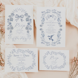 Elegant Frans  Blauw Bloemen Bruiloft Kaart