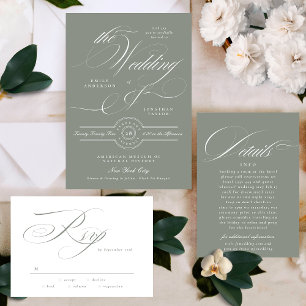Cartons Réponse Calligraphie élégante officielle Gris Vert Mariage