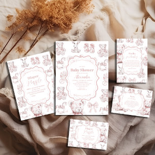 Invitation Jouets Roses Toile De Jouy Baby shower