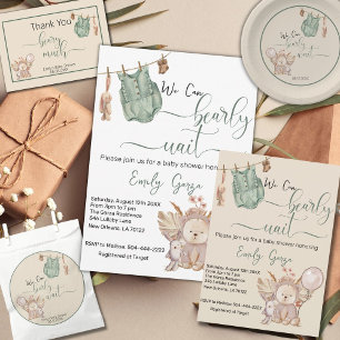 Sticker Rond Invitation Baby shower de l'ours en peluche neutre