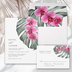 Invitation Orchidées roses chaudes sur Monstera Mariage tropi